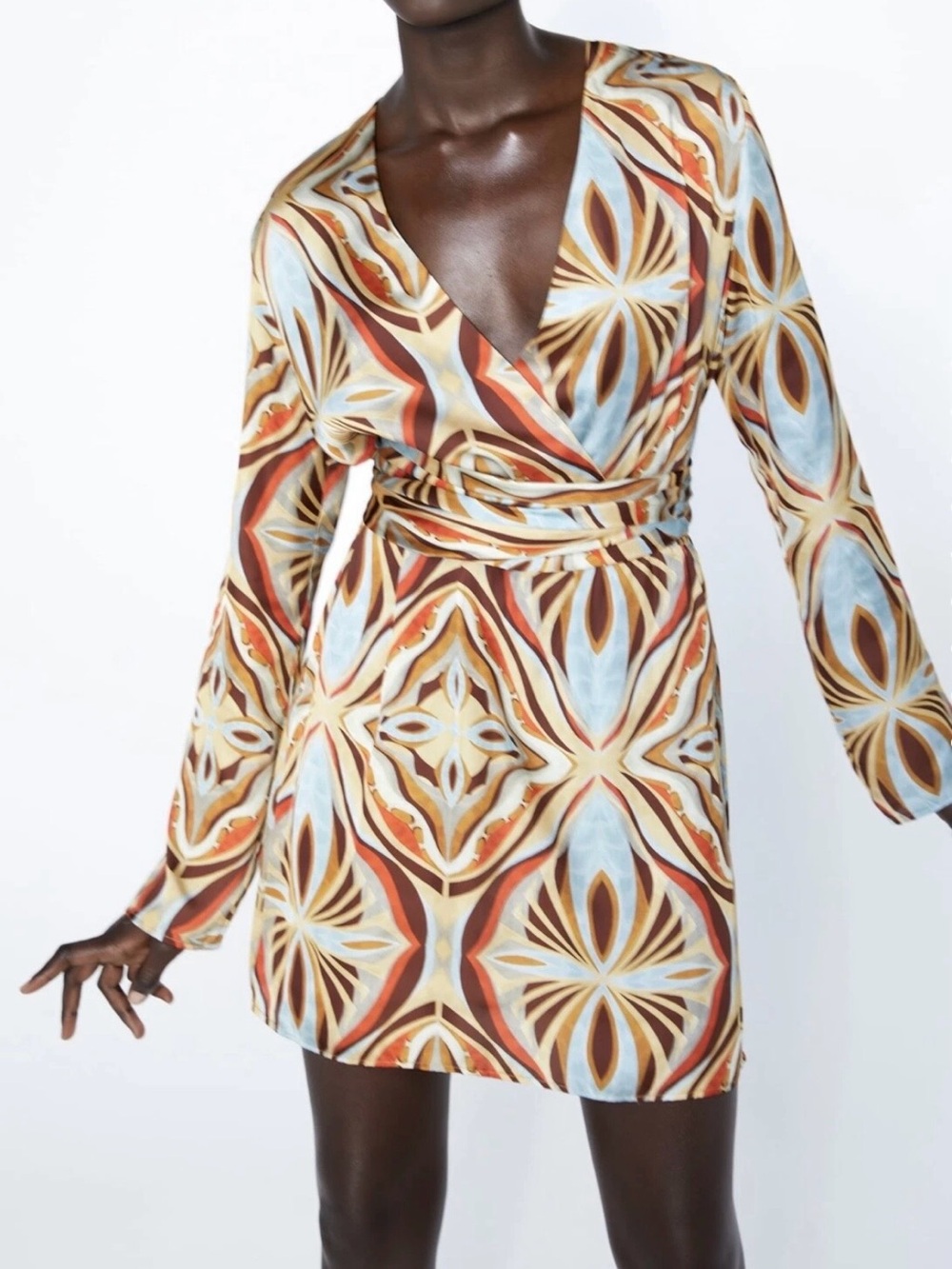 Zara Satin Mini Dress Womens S Long Sleeve Boho Chic Retro Party Festival V-Neck